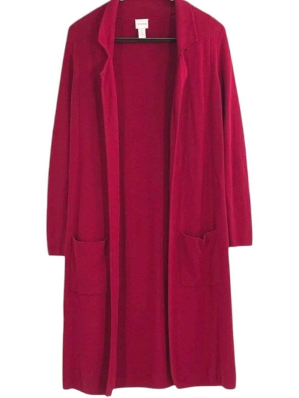Chico's Mabel Open Front Longline Cardigan Red Collar Pockets Long Sleeves Sz XL
